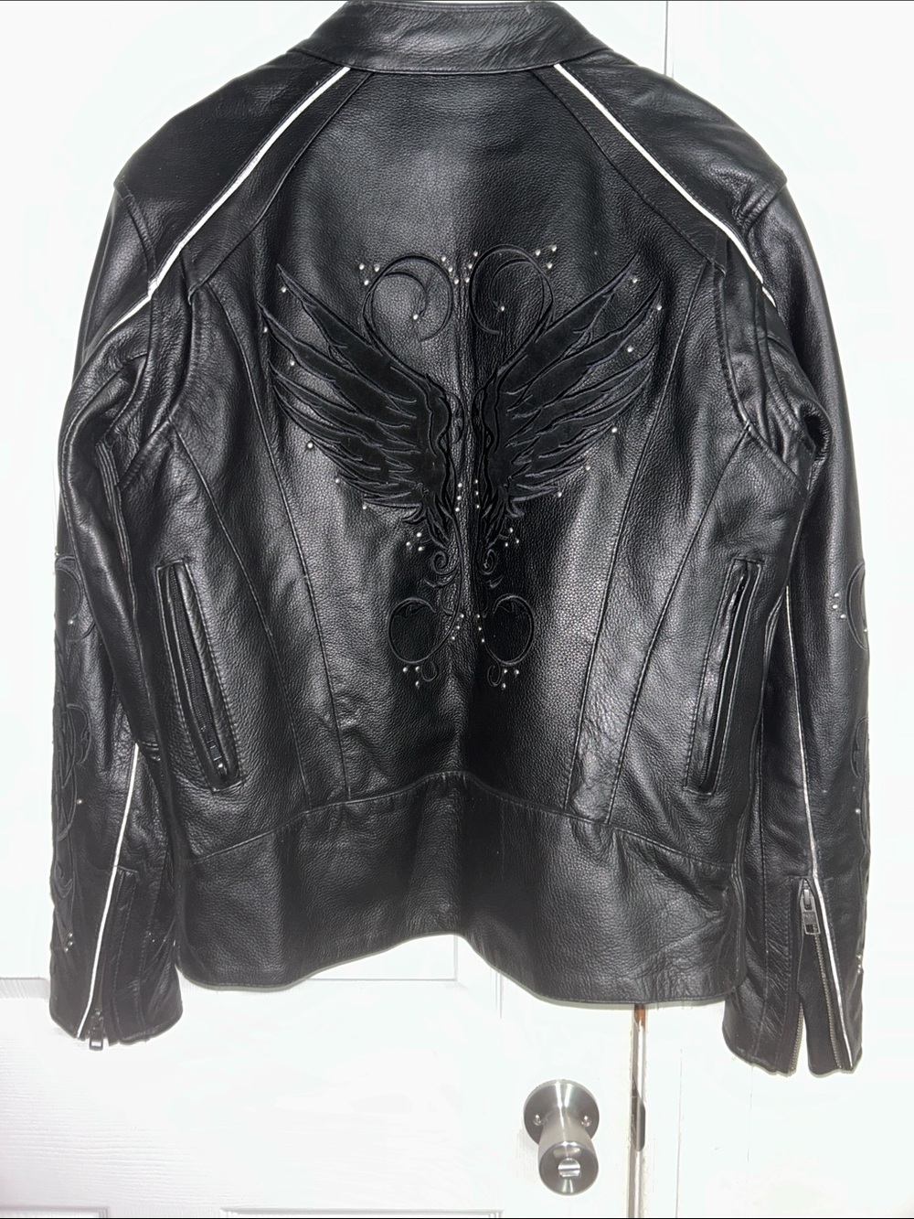 Black Leather Wing-Embroidered Women's Jacket
